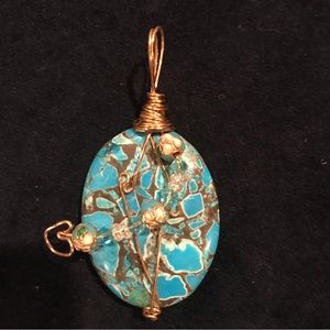 Vintage Artisan Made Tumbled-Stone Pendant, Gold-Tone Wiring w/ Beading Accents